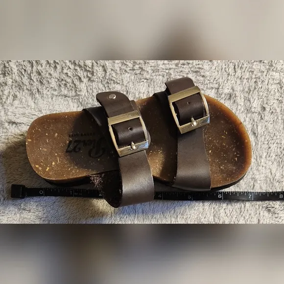 Pier 27 Beach Life Kids Brown Leather Double Buckle Footbed Slip-On Sandals