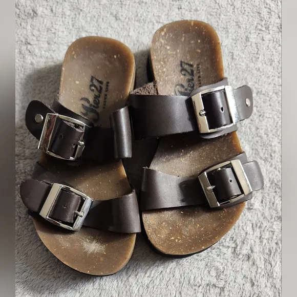 Pier 27 Beach Life Kids Brown Leather Double Buckle Footbed Slip-On Sandals