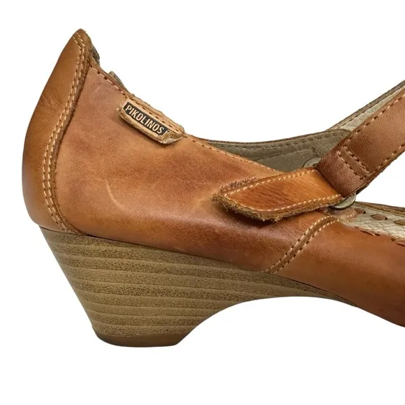 Pikolinos Brown Leather Perforated Kitten Hill Sandals