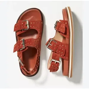 PILCRO x ANTHROPOLOGIE | Studded Slingback Sandals Burnt Orange Suede Strap | 39