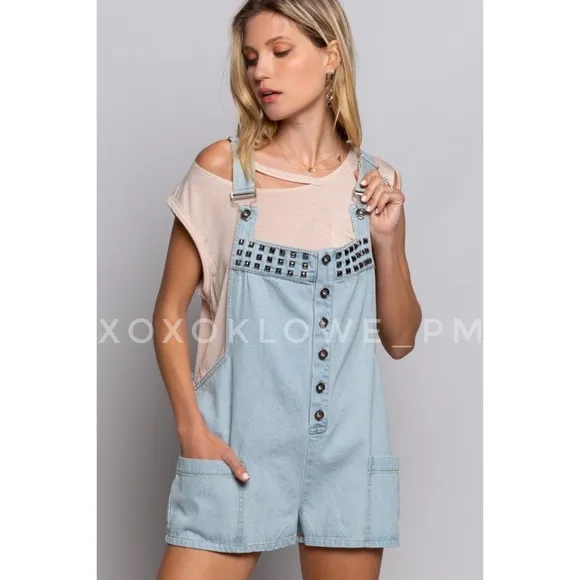 POL Studded Button Front Loose Fit Light Denim Shortalls