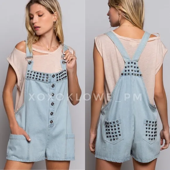 POL Studded Button Front Loose Fit Light Denim Shortalls