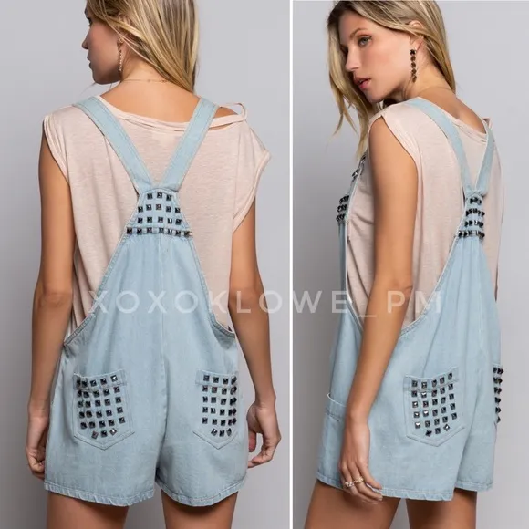 POL Studded Button Front Loose Fit Light Denim Shortalls