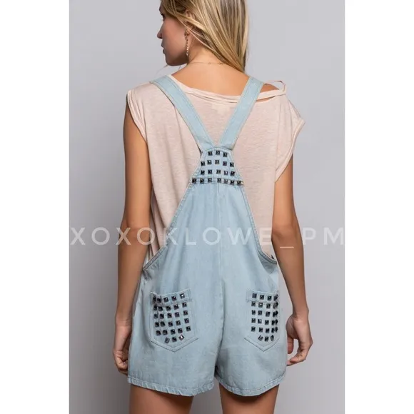 POL Studded Button Front Loose Fit Light Denim Shortalls