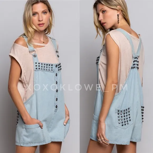 POL Studded Button Front Loose Fit Light Denim Shortalls