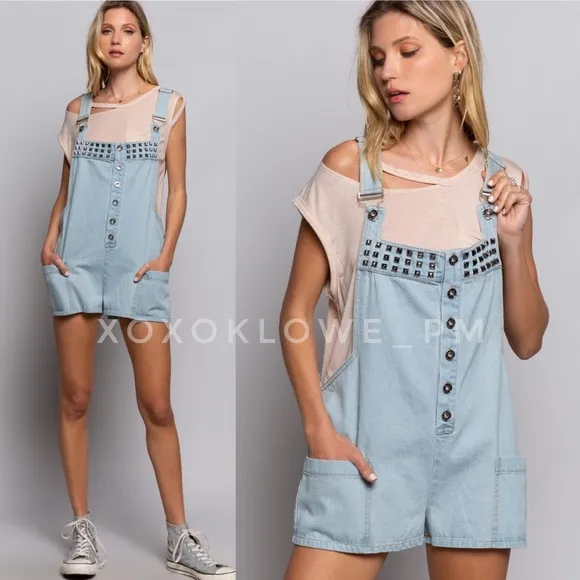 POL Studded Button Front Loose Fit Light Denim Shortalls