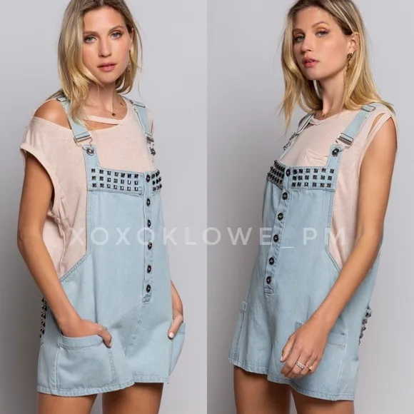 POL Studded Button Front Loose Fit Light Denim Shortalls
