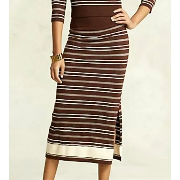 Polo by Ralph Lauren Brown/Cream Striped Wool Blend Midi Skirt w/Slit  XXL NWT