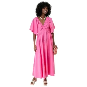 Pomander Place Viviana Bright Pink V-Neck Draped Sleeve Lined Maxi Dress sz S