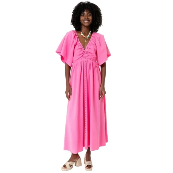 Pomander Place Viviana Bright Pink V-Neck Draped Sleeve Lined Maxi Dress sz S