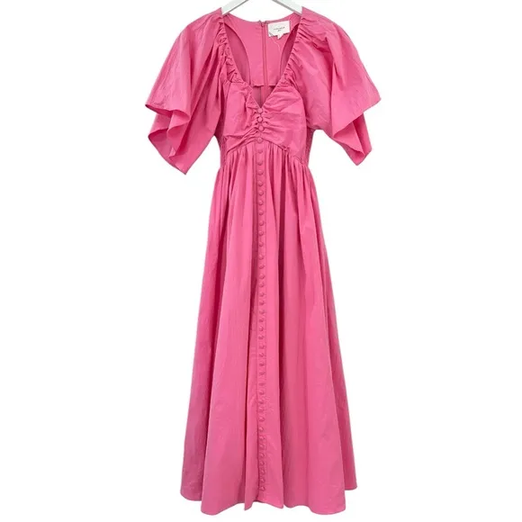 Pomander Place Viviana Bright Pink V-Neck Draped Sleeve Lined Maxi Dress sz S