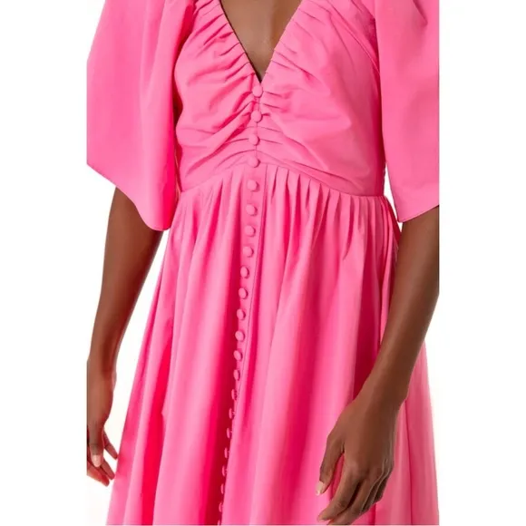 Pomander Place Viviana Bright Pink V-Neck Draped Sleeve Lined Maxi Dress sz S