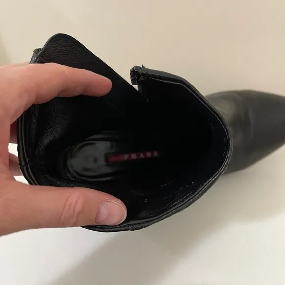 Prada Boots Womens 38 / 8 Black Leather Ankle Chunky Zip Designer Logo Italy
