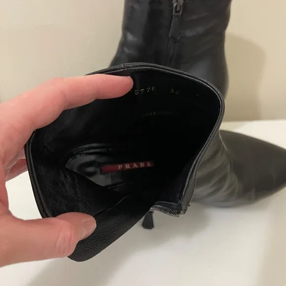Prada Boots Womens 38 / 8 Black Leather Ankle Chunky Zip Designer Logo Italy