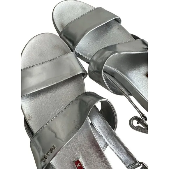 PRADA Silver Leather Double Strap Sandals Size 38.5