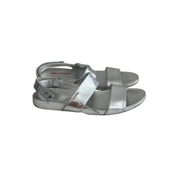 PRADA Silver Leather Double Strap Sandals Size 38.5