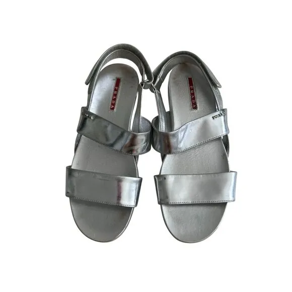PRADA Silver Leather Double Strap Sandals Size 38.5