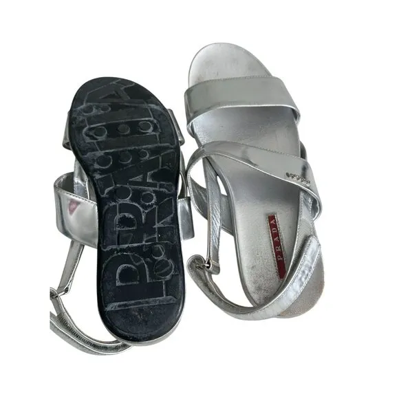 PRADA Silver Leather Double Strap Sandals Size 38.5
