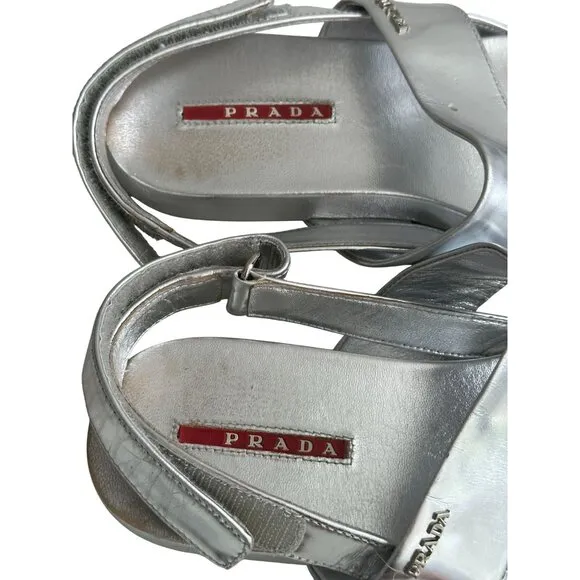 PRADA Silver Leather Double Strap Sandals Size 38.5