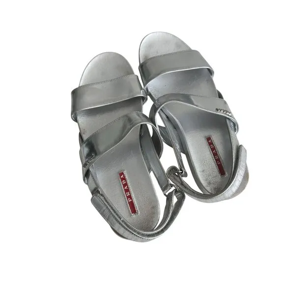 PRADA Silver Leather Double Strap Sandals Size 38.5