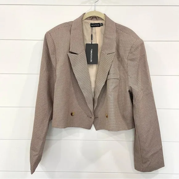 PrettyLittleThing Plus Brown Dogtooth Double Breasted Cropped Blazer NWT 18