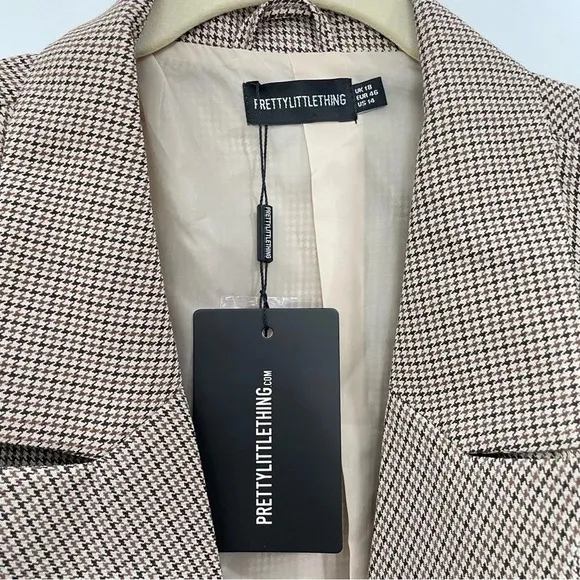 PrettyLittleThing Plus Brown Dogtooth Double Breasted Cropped Blazer NWT 18