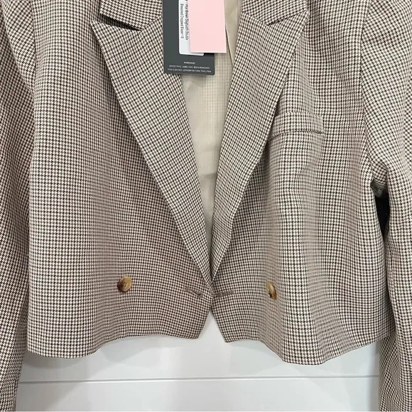 PrettyLittleThing Plus Brown Dogtooth Double Breasted Cropped Blazer NWT 18