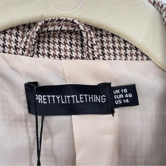 PrettyLittleThing Plus Brown Dogtooth Double Breasted Cropped Blazer NWT 18