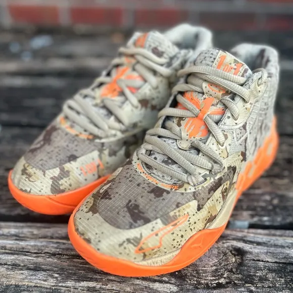 PUMA LAMELO BALL MB.01 Digital Camo Khaki/Orange Basketball Shoes Sneakers Sz 6