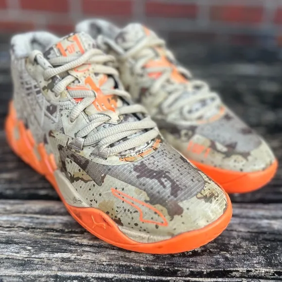 PUMA LAMELO BALL MB.01 Digital Camo Khaki/Orange Basketball Shoes Sneakers Sz 6