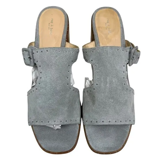Rag &amp; Bone Womens Mule Sandals Suede Metal Studded Trim‎ Block Heel Gray EUR40