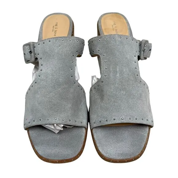 Rag &amp; Bone Womens Mule Sandals Suede Metal Studded Trim‎ Block Heel Gray EUR40