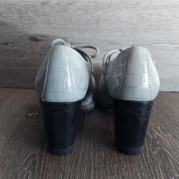 Rare Dr Martens | Danielle Grey   Silver Armor Leather Heels Ankle Boots Size 6