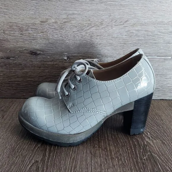 Rare Dr Martens | Danielle Grey   Silver Armor Leather Heels Ankle Boots Size 6