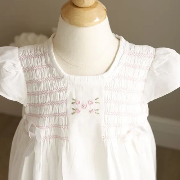RARE Girl's White Smocked Cotton Dress Pink Embroidery Boutique Size 2/3