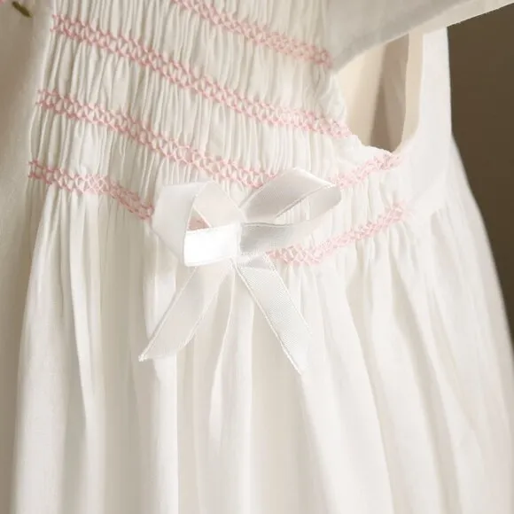 RARE Girl's White Smocked Cotton Dress Pink Embroidery Boutique Size 2/3