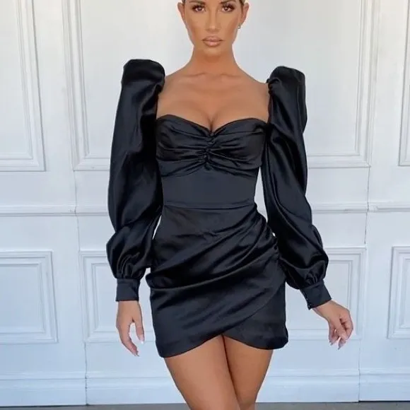 RARE HOUSE OF CB 'Cherie' Black Satin Puff Sleeve Dress NWOT