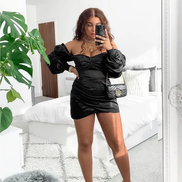 RARE HOUSE OF CB 'Cherie' Black Satin Puff Sleeve Dress NWOT