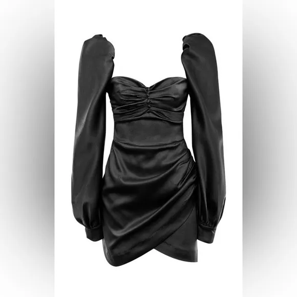 RARE HOUSE OF CB 'Cherie' Black Satin Puff Sleeve Dress NWOT