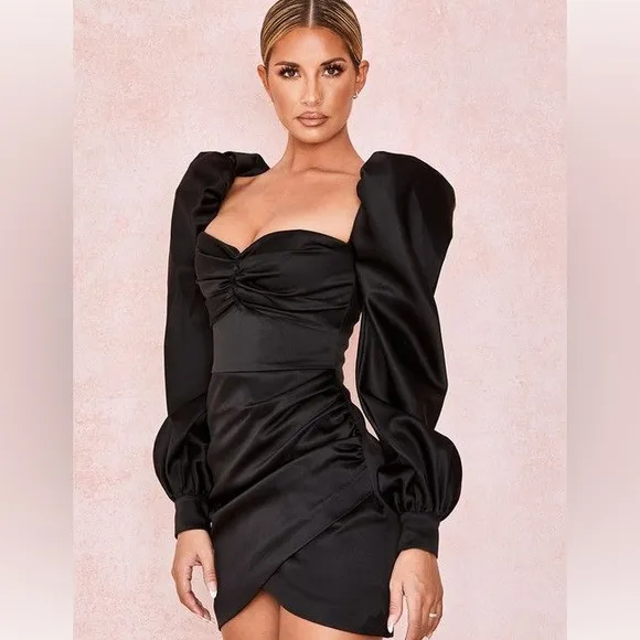 RARE HOUSE OF CB 'Cherie' Black Satin Puff Sleeve Dress NWOT