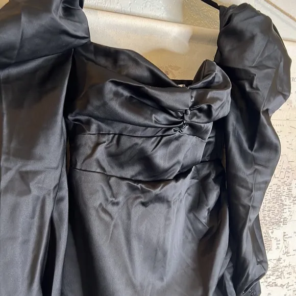 RARE HOUSE OF CB 'Cherie' Black Satin Puff Sleeve Dress NWOT