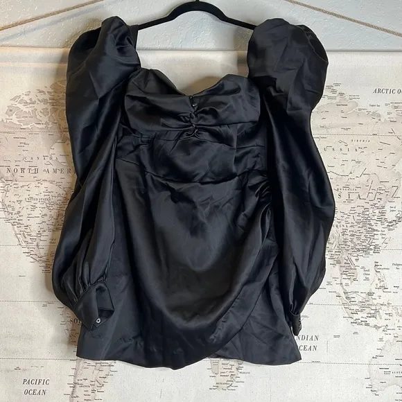 RARE HOUSE OF CB 'Cherie' Black Satin Puff Sleeve Dress NWOT