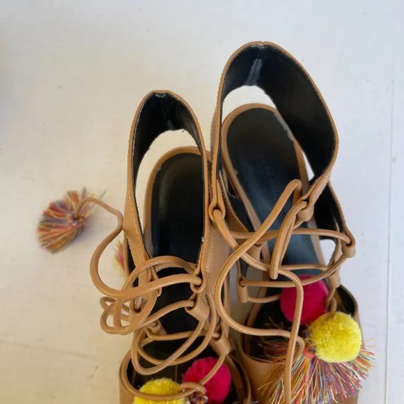 Rebecca Minkoff Pompoms Sandals Leather Lace Up Tassel Brown