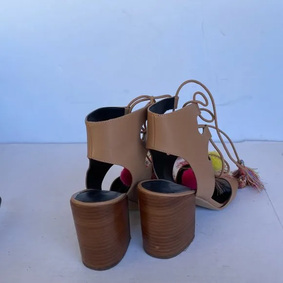 Rebecca Minkoff Pompoms Sandals Leather Lace Up Tassel Brown