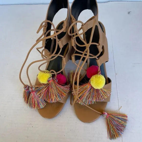 Rebecca Minkoff Pompoms Sandals Leather Lace Up Tassel Brown