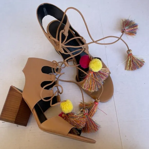 Rebecca Minkoff Pompoms Sandals Leather Lace Up Tassel Brown