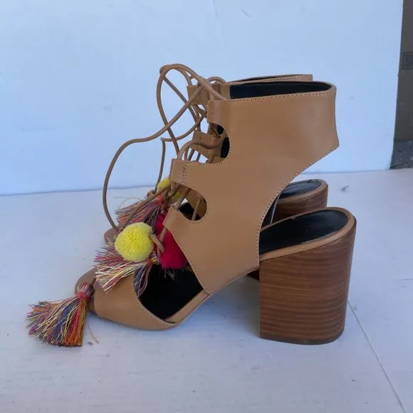 Rebecca Minkoff Pompoms Sandals Leather Lace Up Tassel Brown