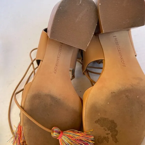 Rebecca Minkoff Pompoms Sandals Leather Lace Up Tassel Brown