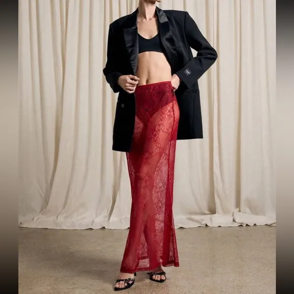 Red lace midi/ maxi mesh sheer lace over skirt for layering