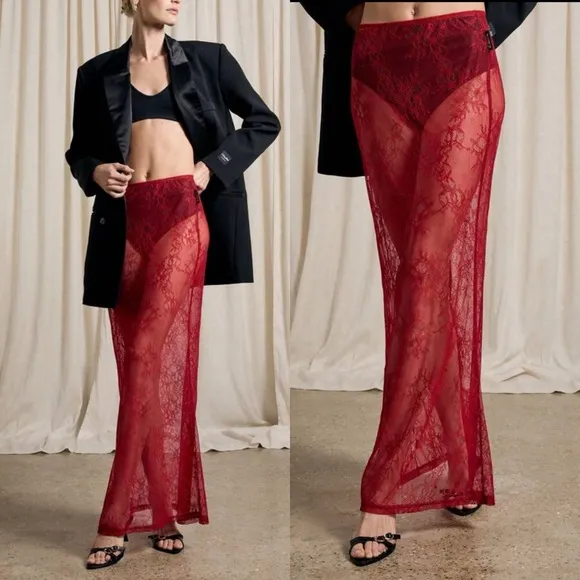 Red lace midi/ maxi mesh sheer lace over skirt for layering